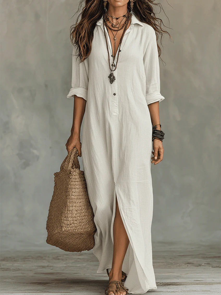 Solina™ | Loose Black Maxi Dress with Buttons