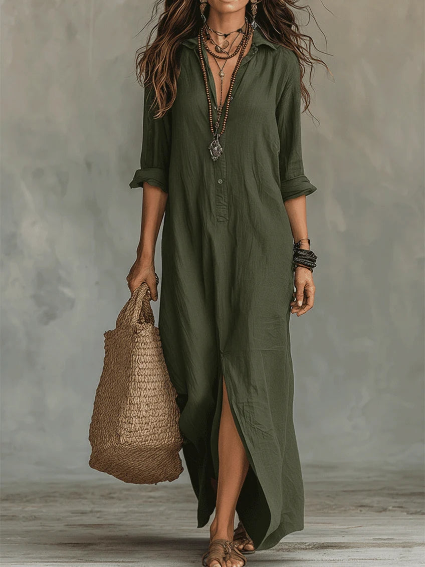 Solina™ | Loose Black Maxi Dress with Buttons
