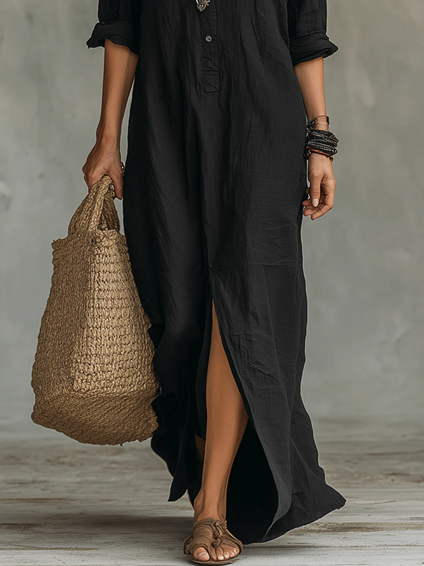 Solina™ | Loose Black Maxi Dress with Buttons