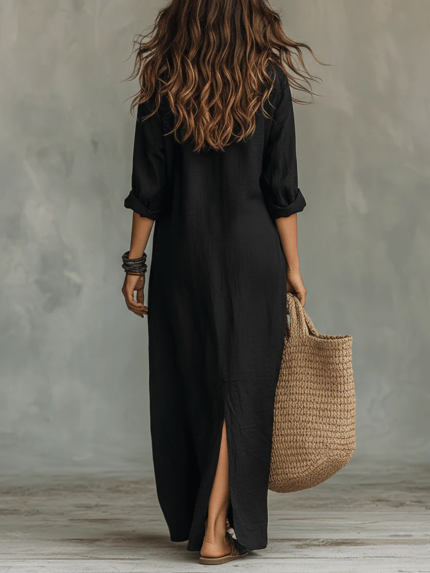 Solina™ | Loose Black Maxi Dress with Buttons