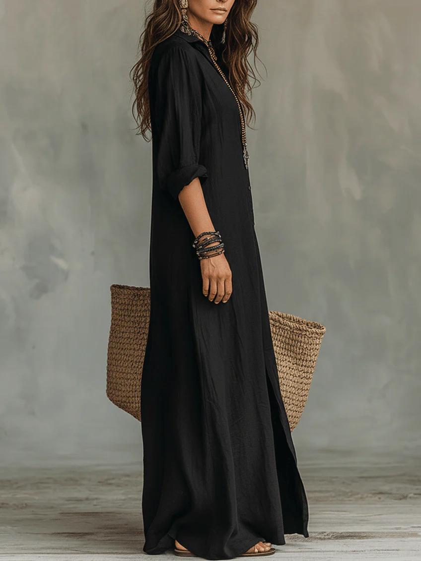 Solina™ | Loose Black Maxi Dress with Buttons
