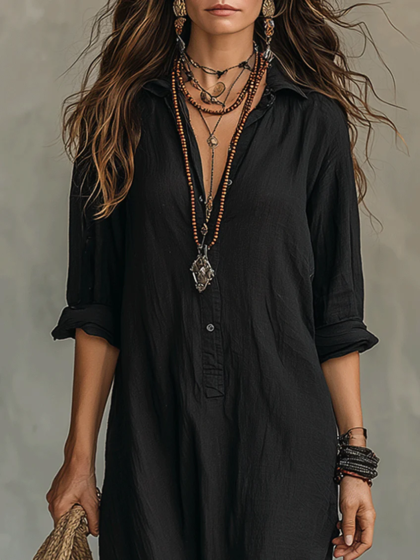 Solina™ | Loose Black Maxi Dress with Buttons