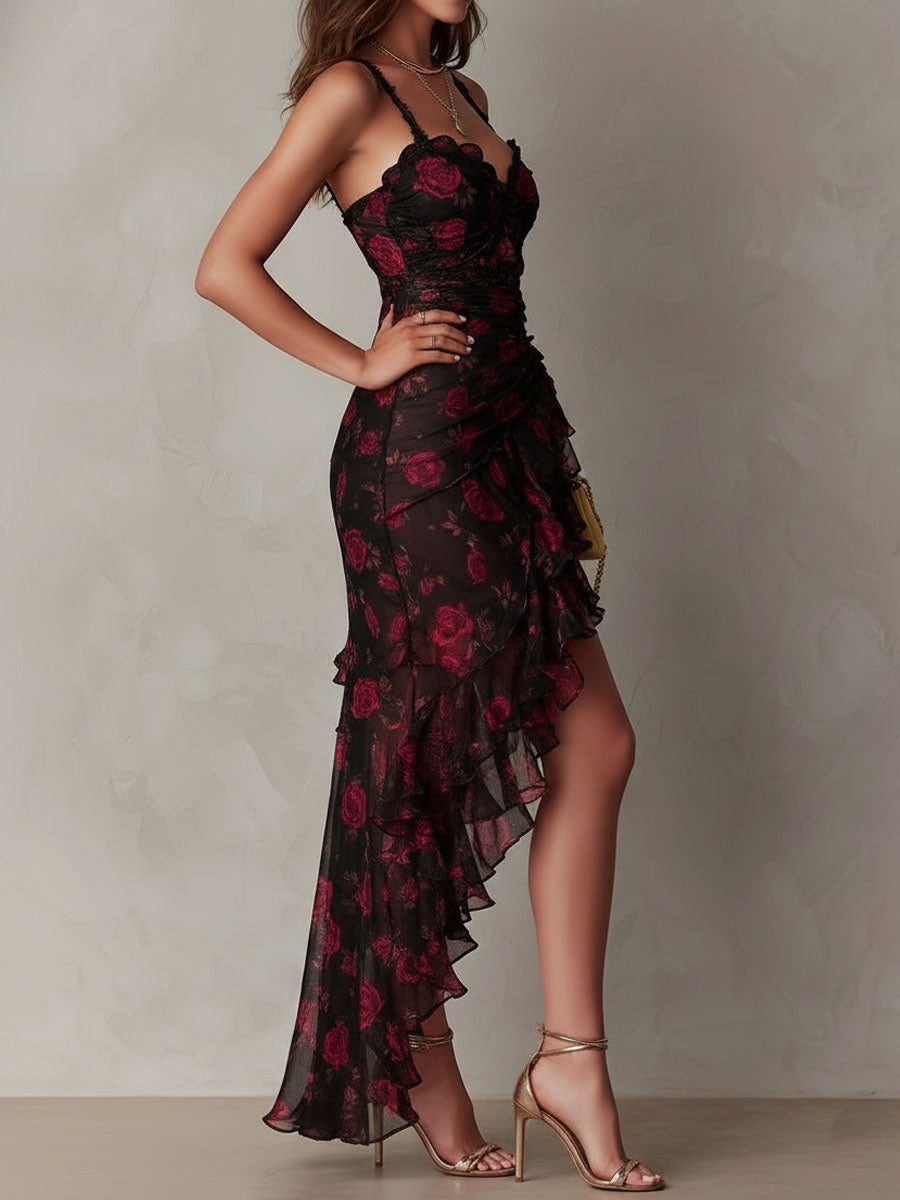 Lowen | Floral Ruched Ruffle Hem Dress
