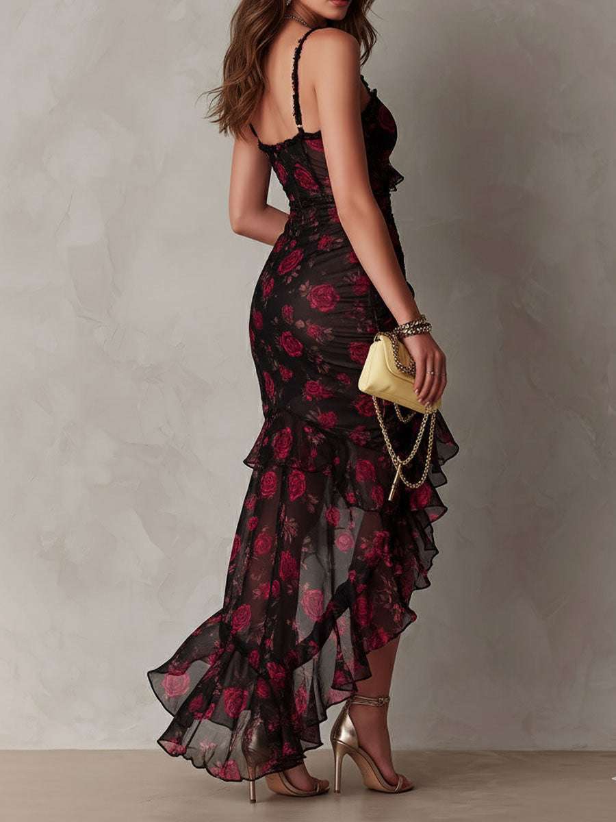 Lowen | Floral Ruched Ruffle Hem Dress
